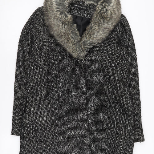 Warehouse Black Fur Trim Women's Overcoat Size 10