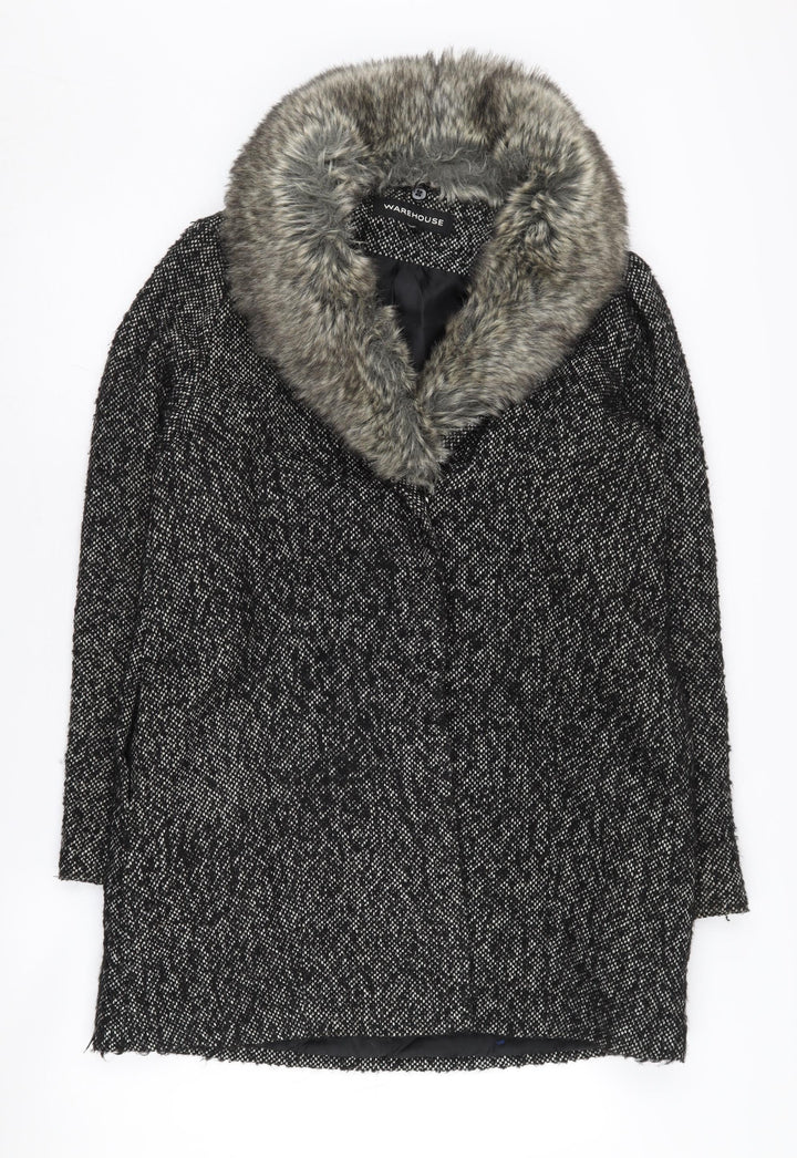 Warehouse Black Fur Trim Women's Overcoat Size 10