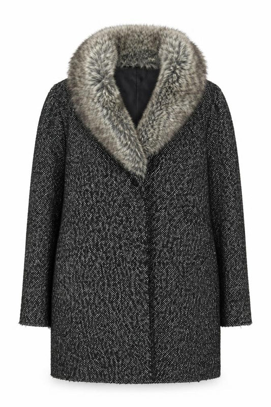 Front view of Warehouse Black Fur Trim Women's Overcoat, size 10