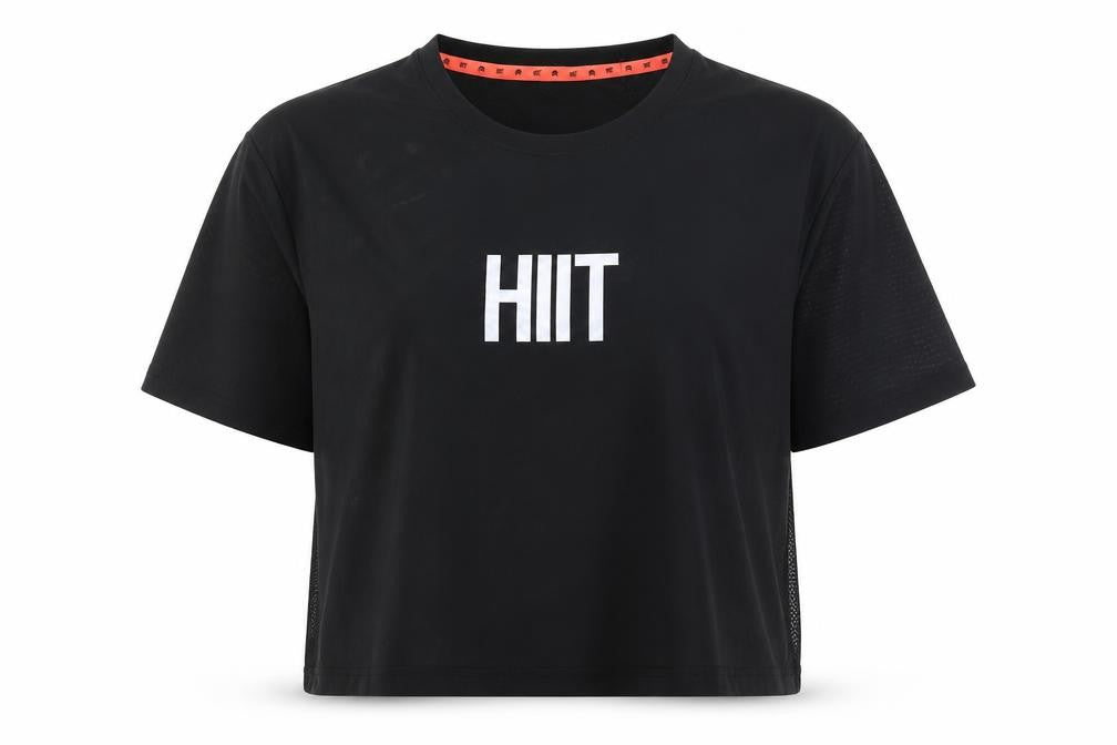 Front view of HIIT Women's Black Cropped T-Shirt, L, Gym