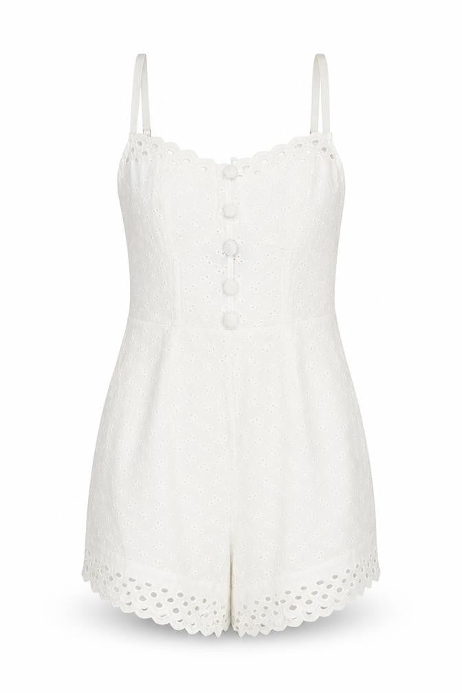 Front view of PRETTYLITTLETHING Women's White Cotton Playsuit, size 10