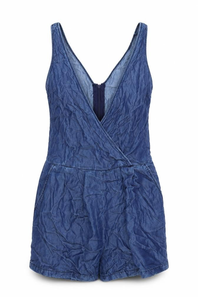 Front view of Zara Women's Blue V-Neck Denim Playsuit - XS