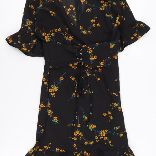 PrettyLittleThing Women's Black Floral Mini Dress - Size 6