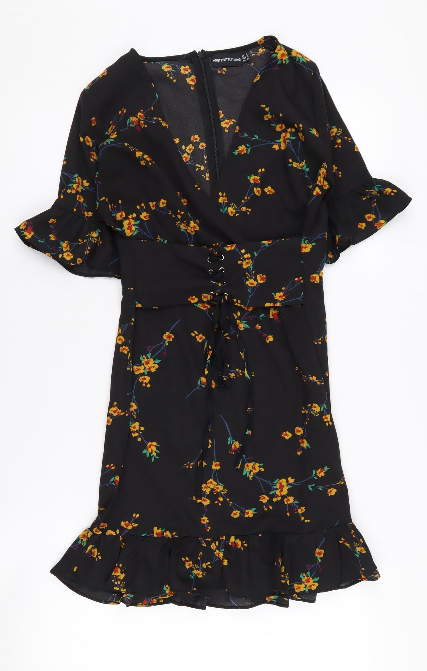 PrettyLittleThing Women's Black Floral Mini Dress - Size 6