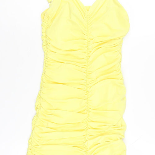 Quiz Women's Yellow Bodycon Dress, Size 12, Summer V-Neck