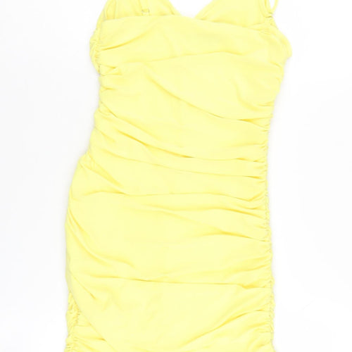 Quiz Women's Yellow Bodycon Dress, Size 12, Summer V-Neck