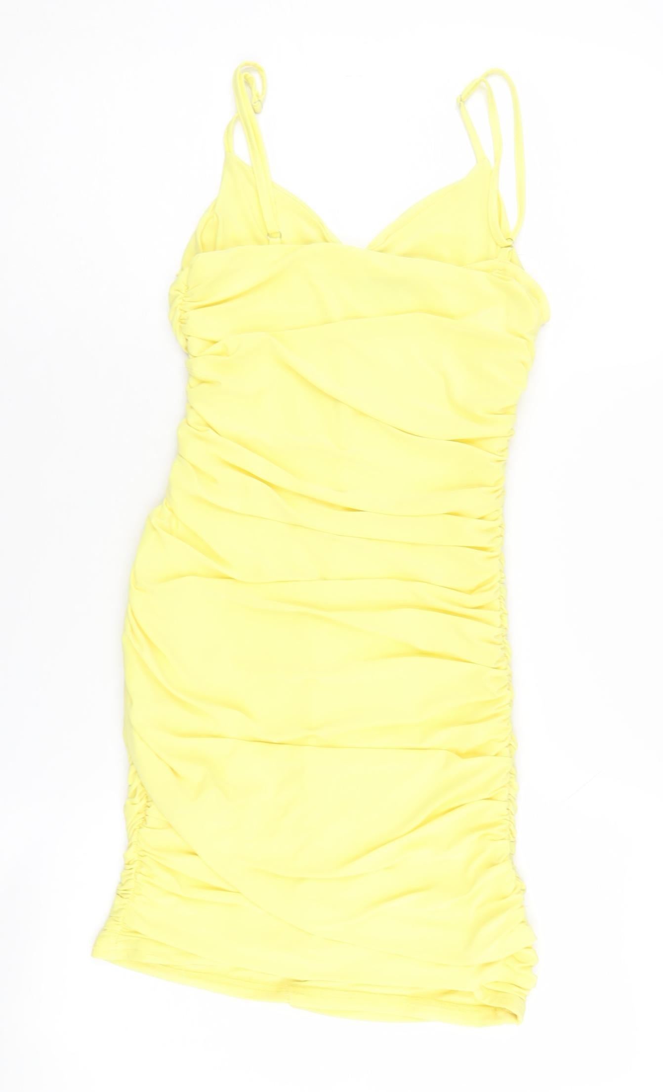 Quiz Women's Yellow Bodycon Dress, Size 12, Summer V-Neck