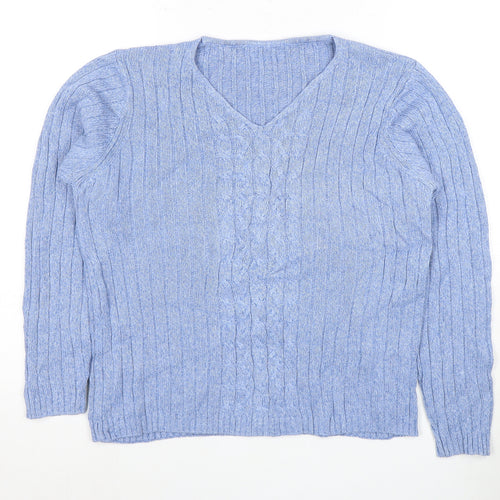 Women's Blue Cable Knit V-Neck Pullover Jumper Size 12