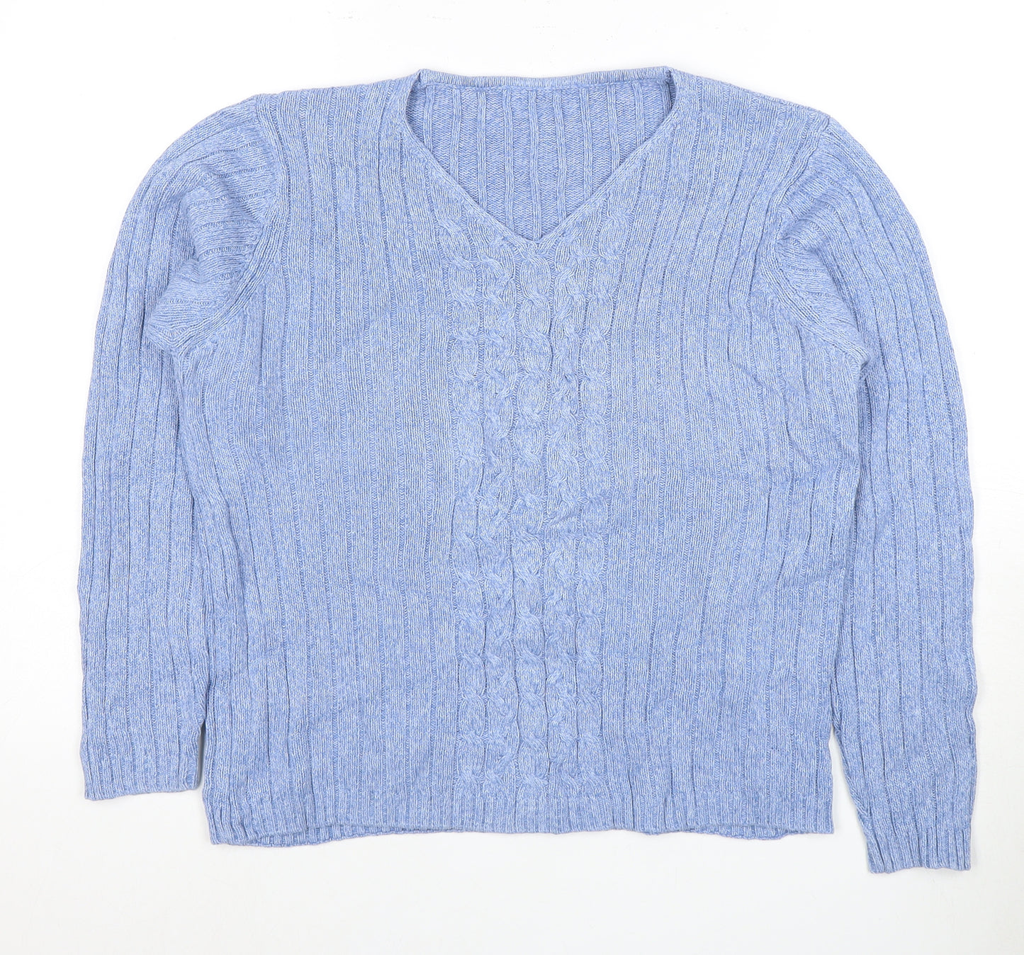 Women's Blue Cable Knit V-Neck Pullover Jumper Size 12