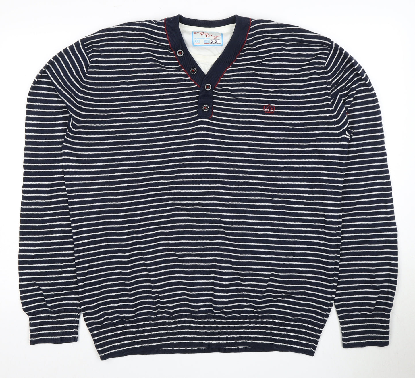 Next Men's Blue Striped Henley Jumper 2XL Cotton