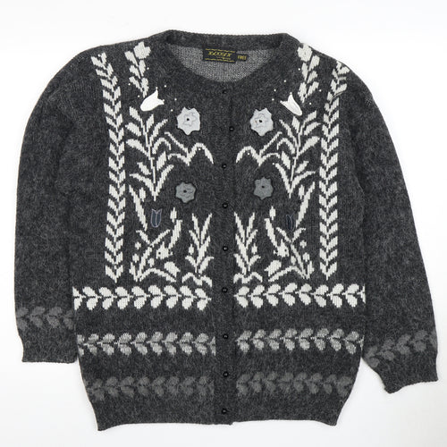 HANNAH Women's Grey Floral Knit Button Cardigan One Size