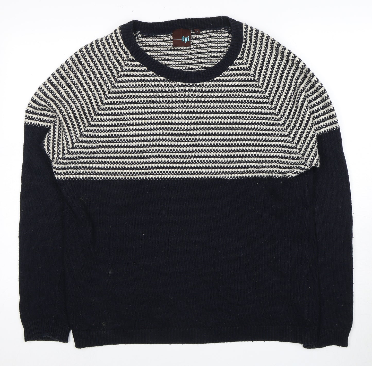 FYI Mens Black Striped Knit Pullover Jumper Medium