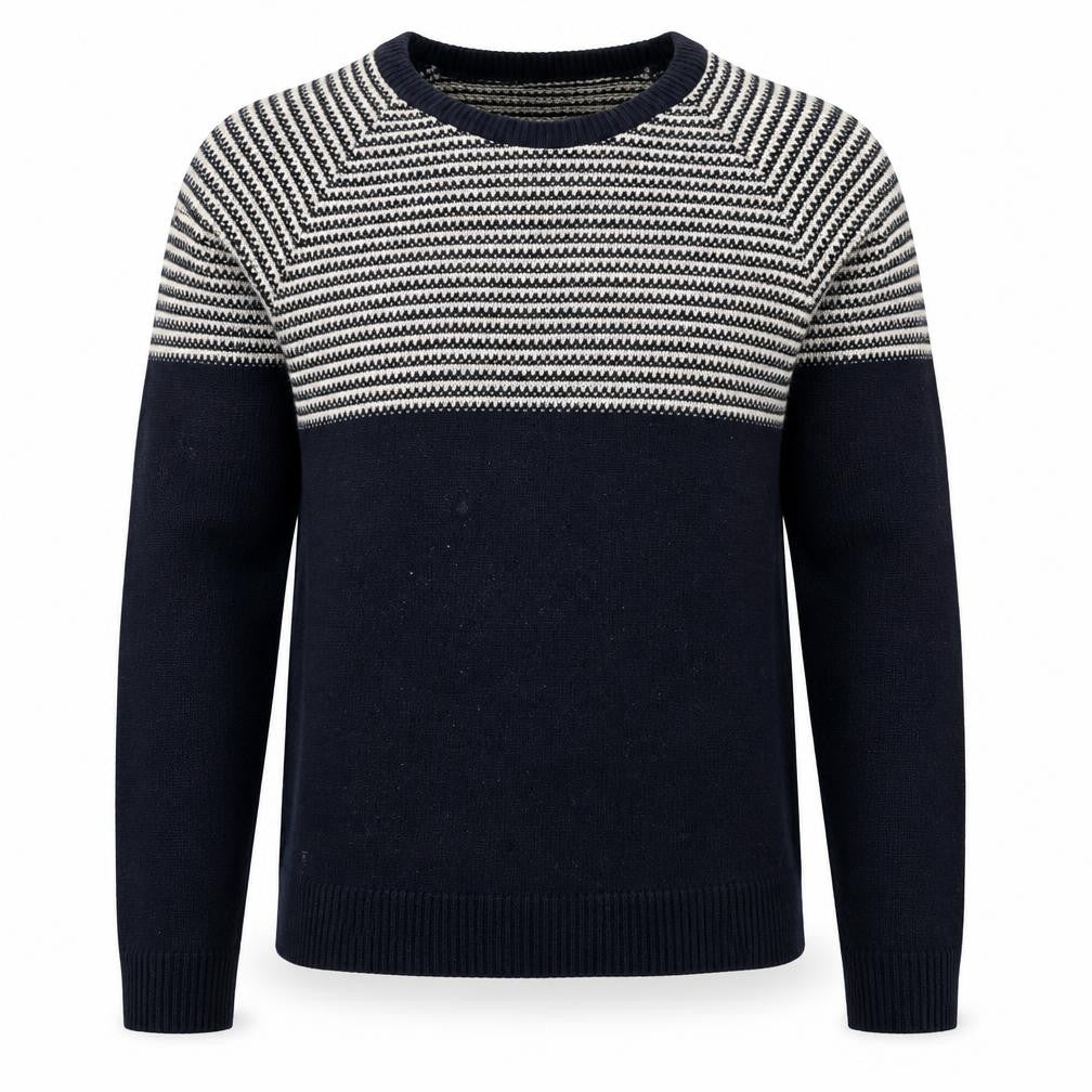 Front view of FYI men’s black striped knit jumper medium