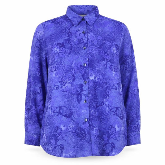 Front view of Nightingales Women's Floral Purple Button-Up Shirt, size 12