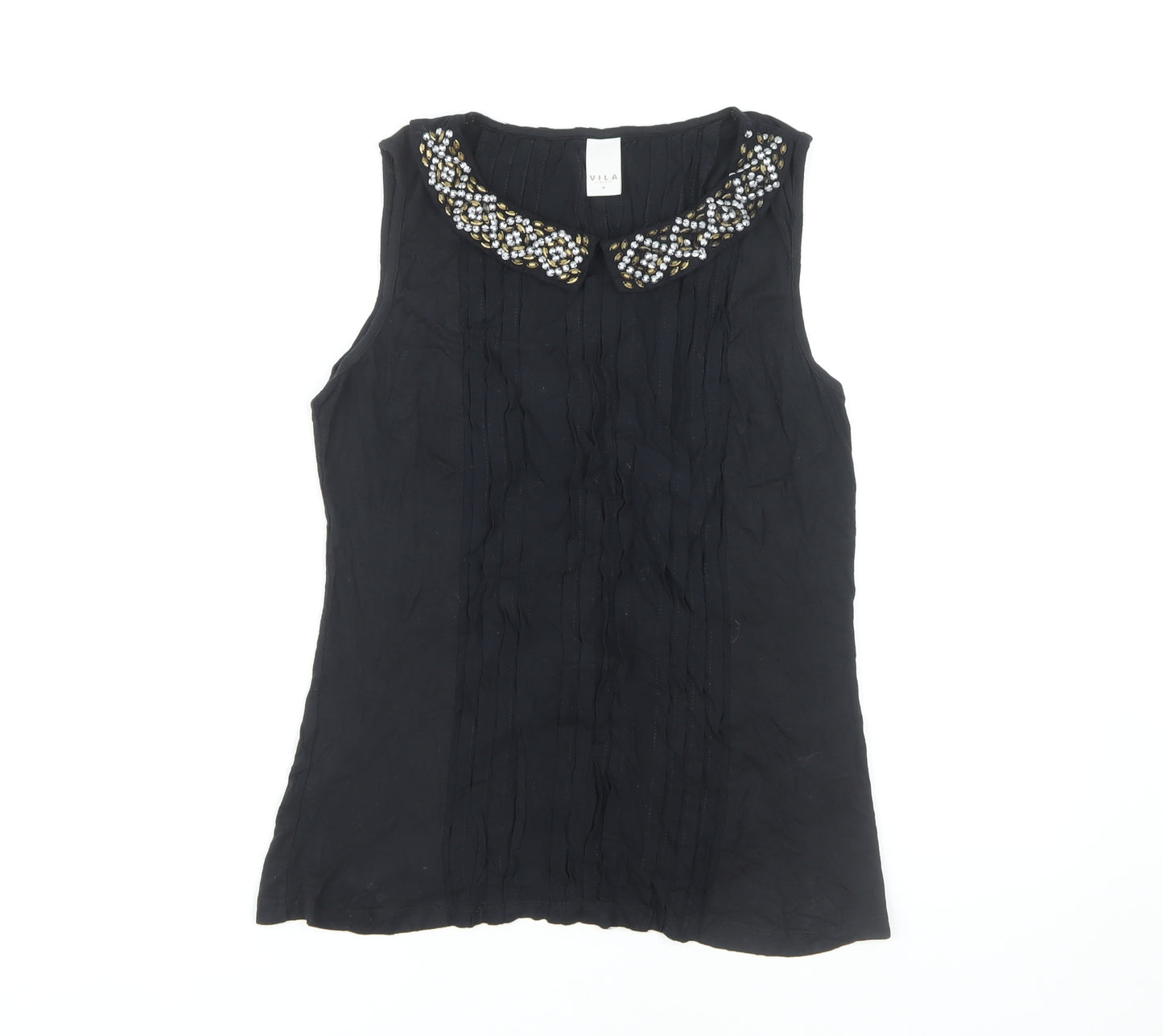 VILA Women's Black Beaded Collared Blouse M