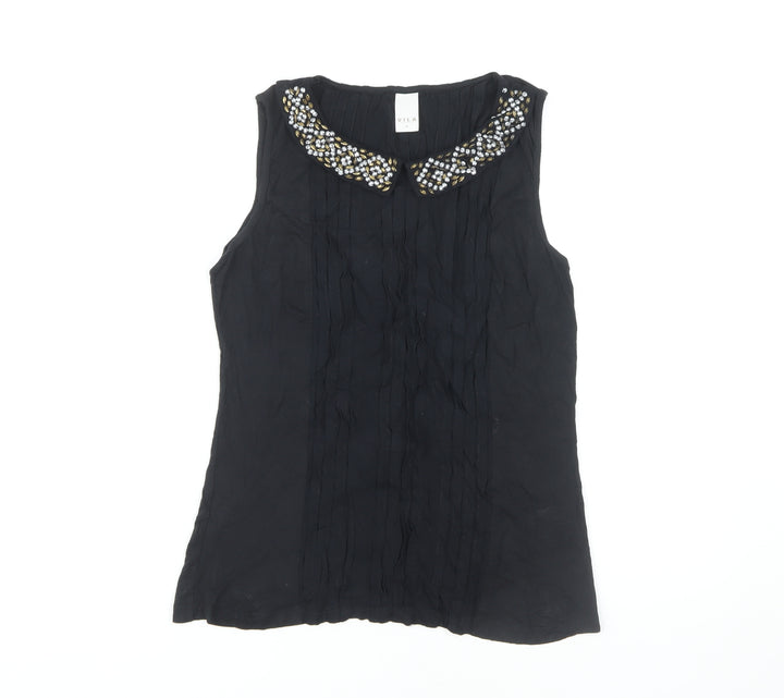 VILA Women's Black Beaded Collared Blouse M