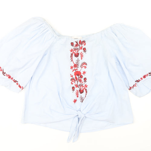 Zara Women's Blue Embroidered Off Shoulder Blouse M