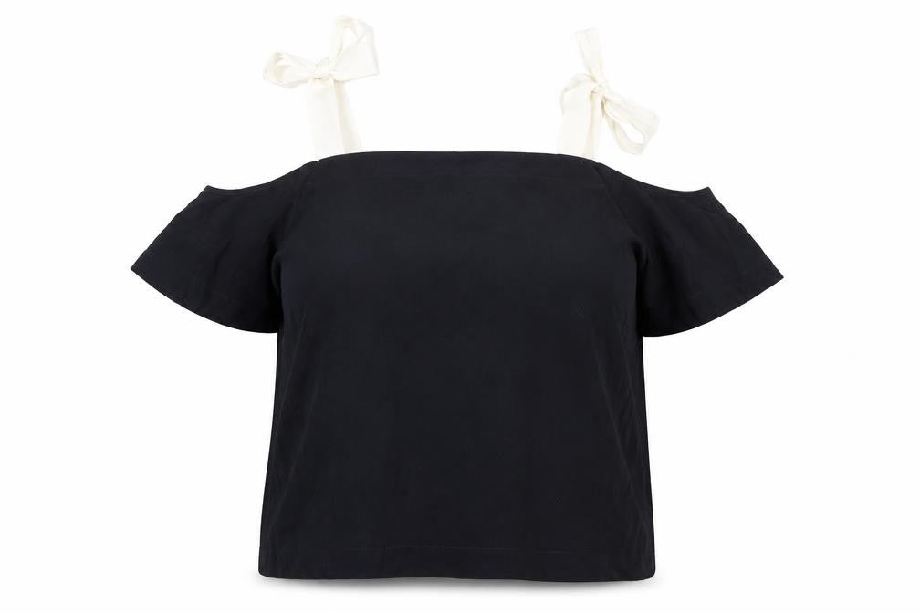 Front view of Mint Velvet Women’s Black Off-Shoulder Blouse, size UK 16