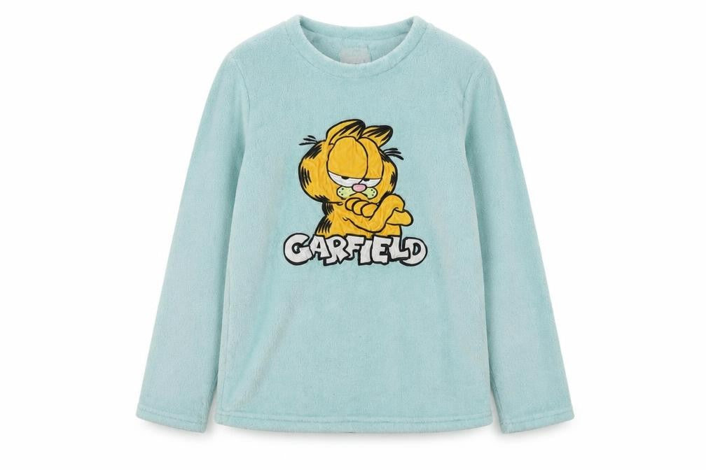 Front view of Garfield Women's Blue Graphic Fleece Pyjama Top, size 6-8