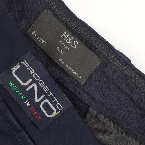 Marks and Spencer Men's Blue Slim Chino Trousers 34