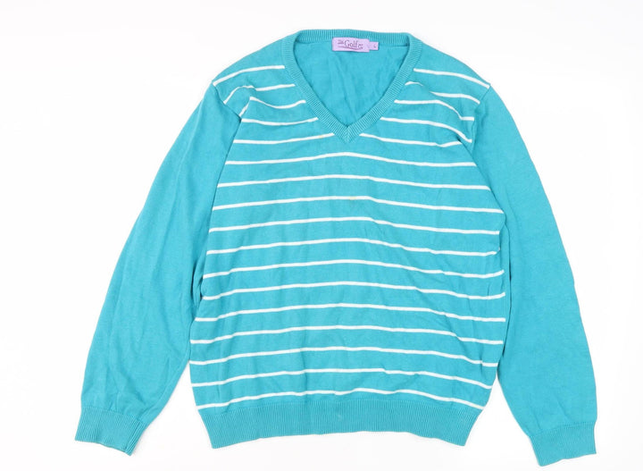 The Golf Co Women's Blue Striped Pullover Jumper - L