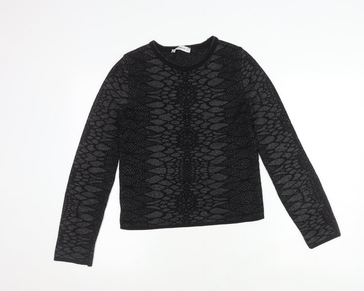 Zara Women's Black Knit Animal Print Long Sleeve Top