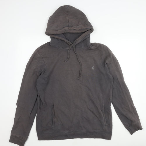 AllSaints Grey Pullover Hoodie, Men's M, Cotton, Pockets
