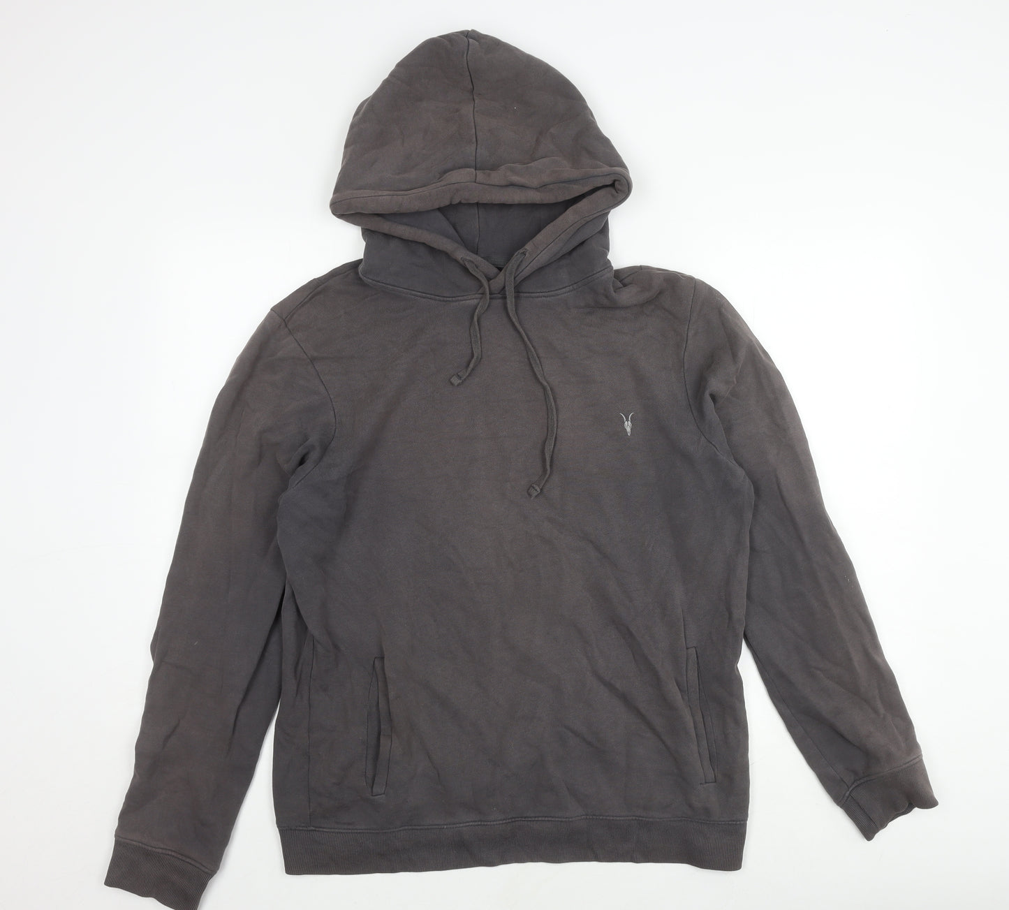 AllSaints Grey Pullover Hoodie, Men's M, Cotton, Pockets