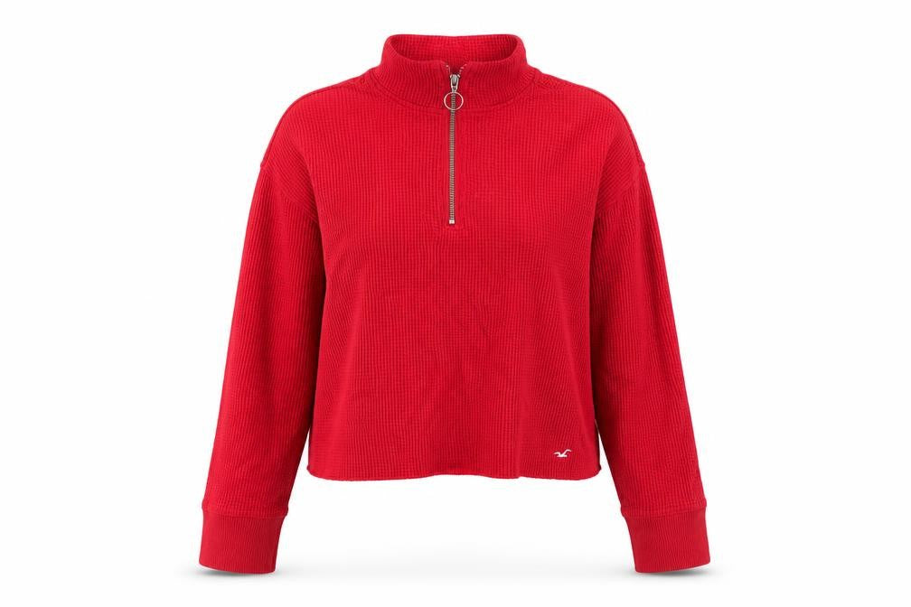 Front view of Hollister Women's Red High Neck Zip Sweatshirt XS