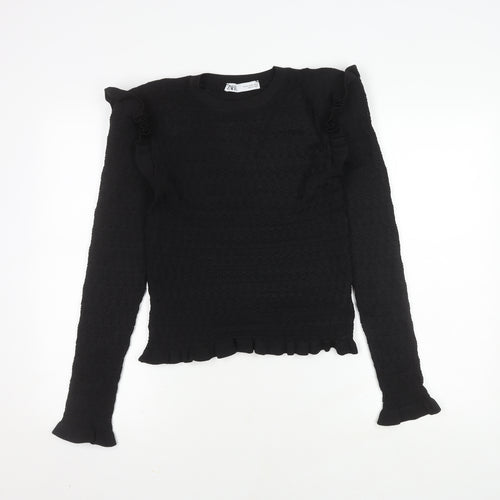 Zara Women's Black Knit Ruffle Long Sleeve Top Size M