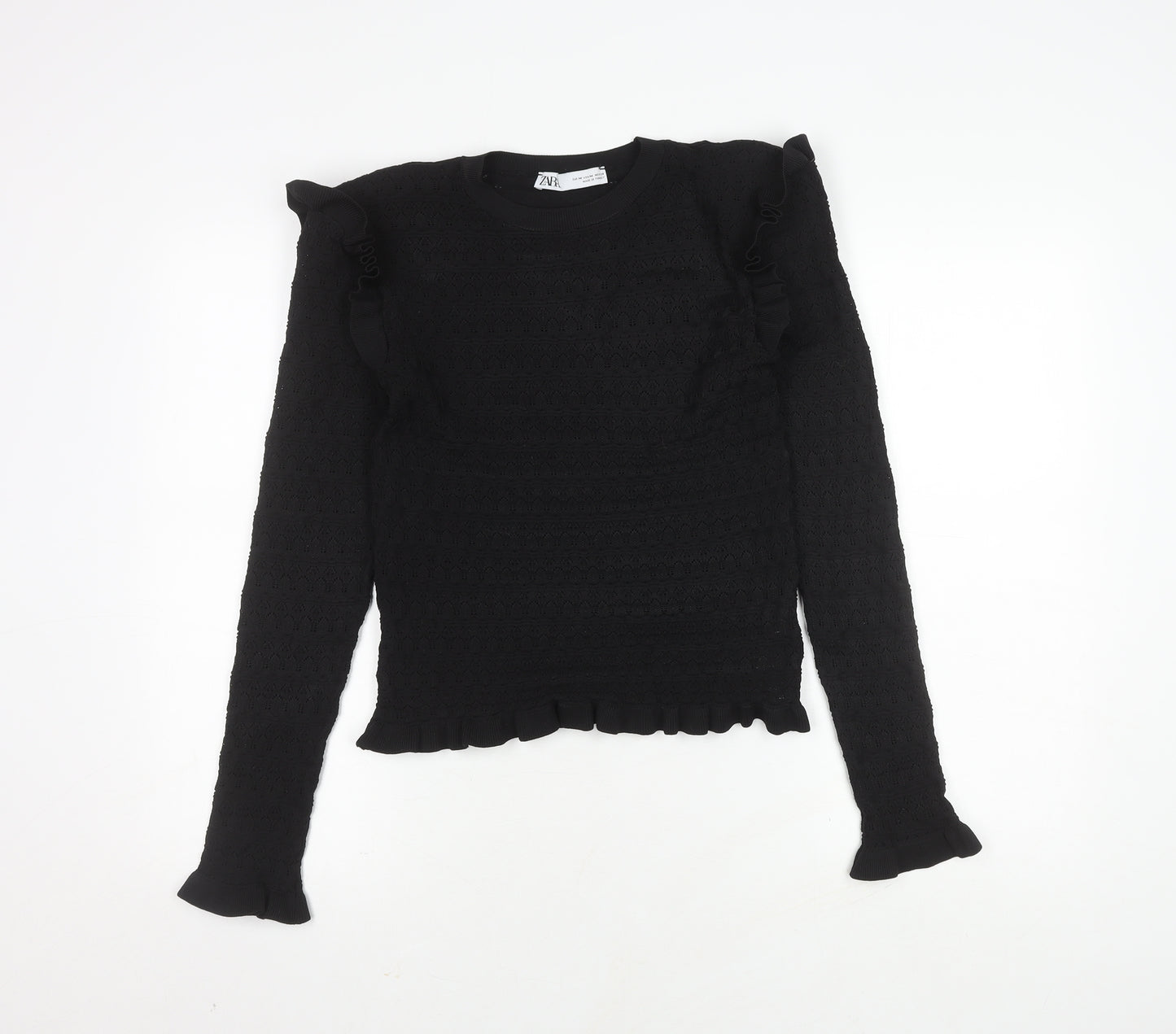 Zara Women's Black Knit Ruffle Long Sleeve Top Size M