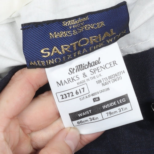 Marks and Spencer Men's Blue Check Trousers 34