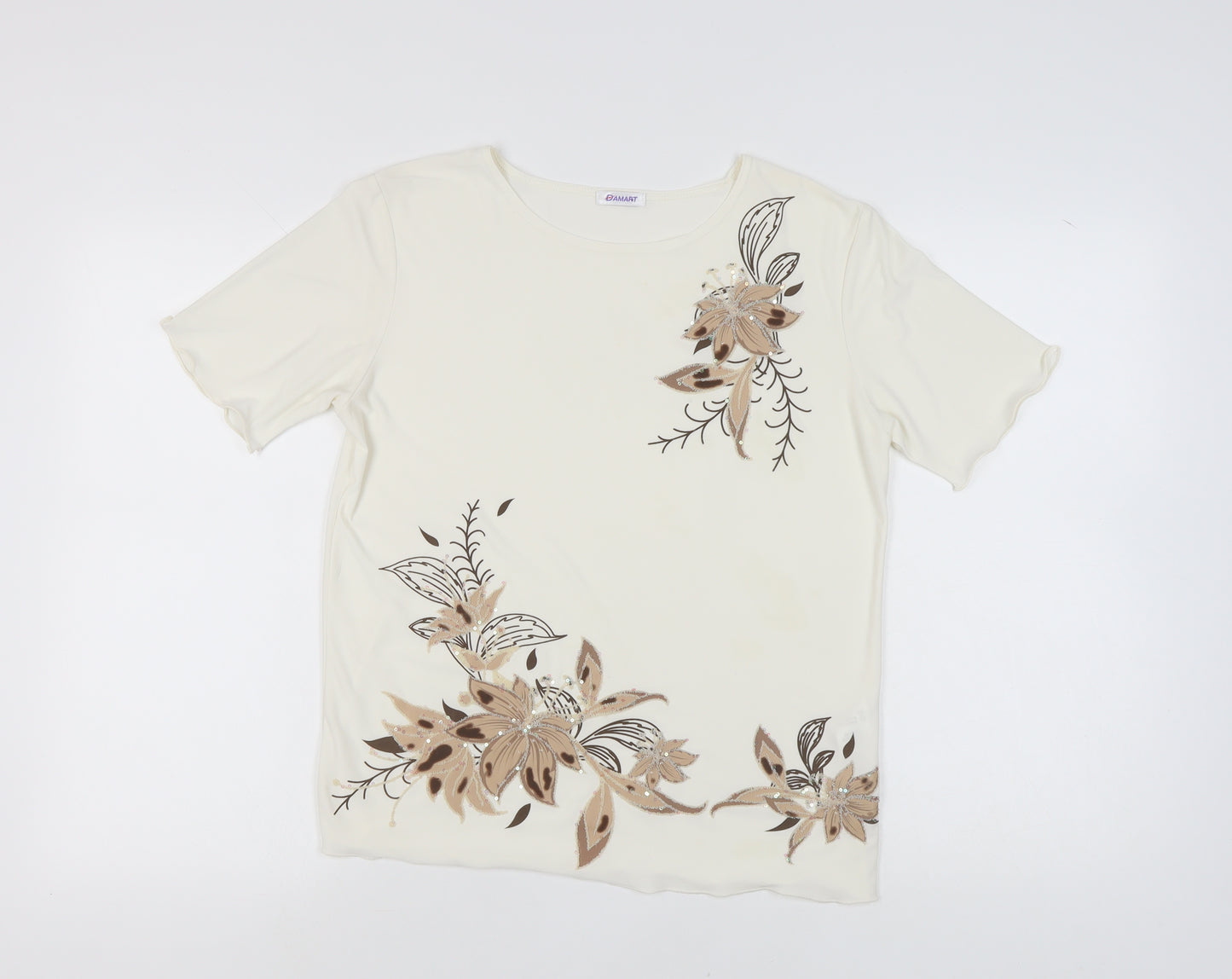 Damart Women's Beige Floral Embroidered T-Shirt Size 10