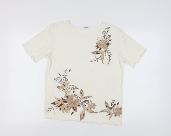 Damart Women's Beige Floral Embroidered T-Shirt Size 10