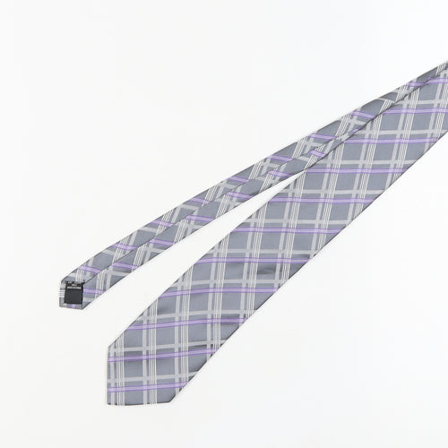 Van Heusen Men's Grey Purple Plaid Silk Designer Tie