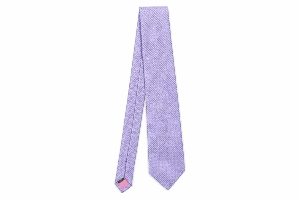 Front view of Dehavilland Men's Purple Silk Tie Geometric Pattern