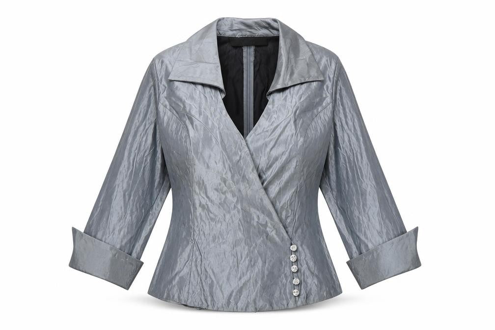Front view of JS Boutique Women's Grey Wrap Blouse, size 6, Formal