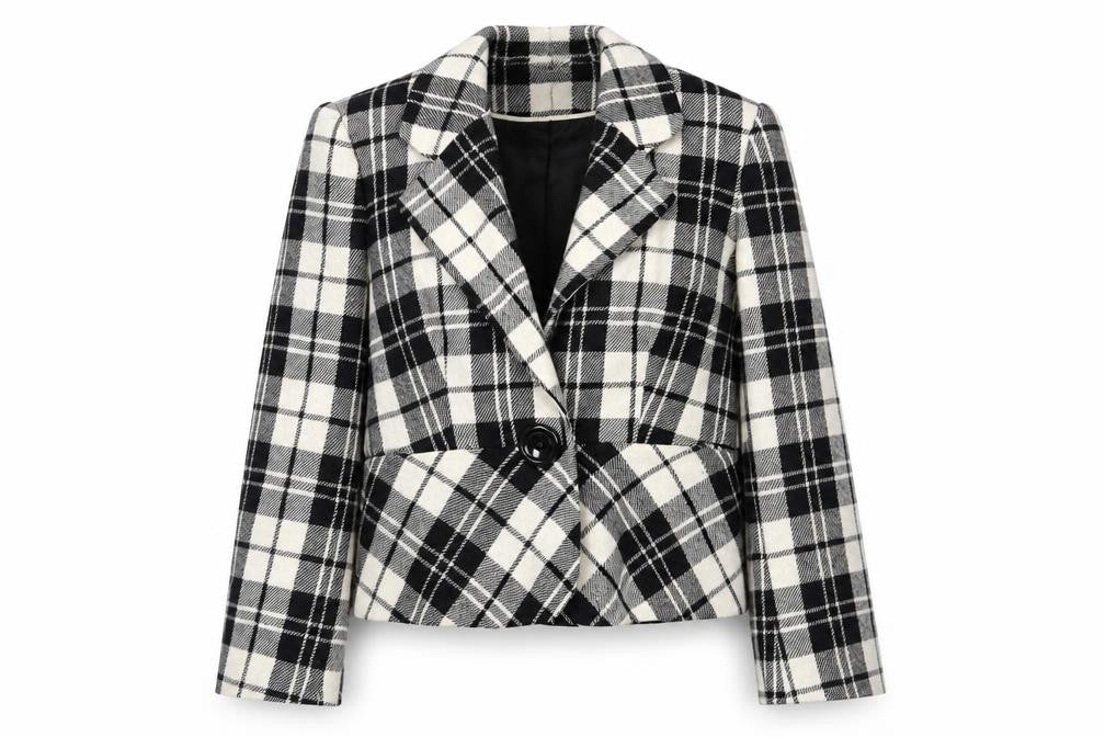Front view of Country Casuals Women's Black and White Check Blazer - Size P