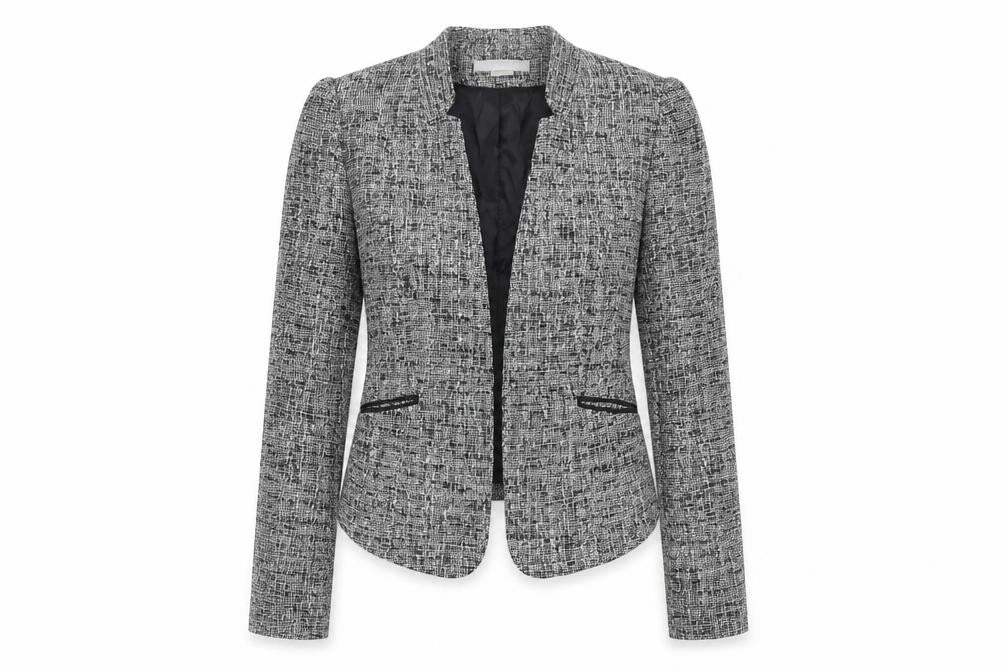 Front view of H&M Women's Grey Bouclé Blazer, size 8, Lined, Excellent