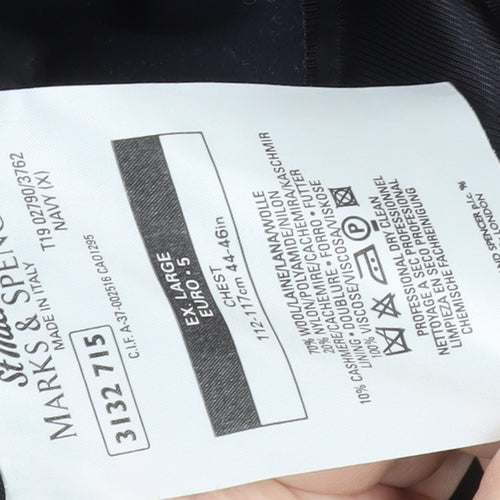 Marks and Spencer Men's Navy Wool Cashmere Overcoat XL