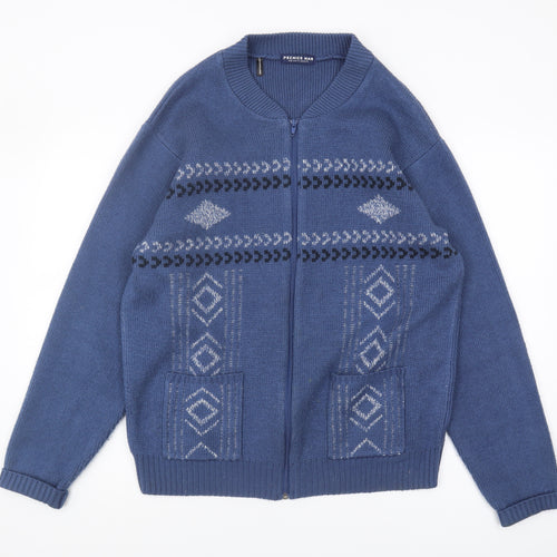 Premier Man Blue Full Zip Geometric Knit Jumper L