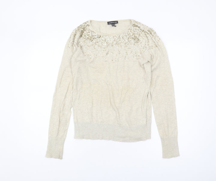 Warehouse Women’s Beige Sequin Pullover Jumper Size 8