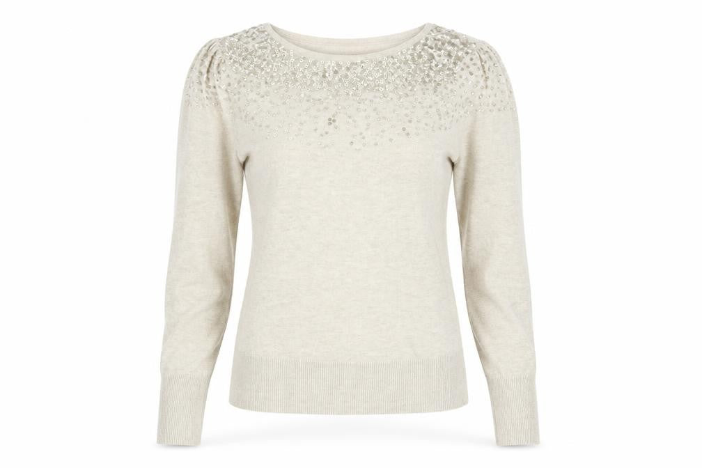Front view of Warehouse Women’s Beige Sequin jumper, size UK 8