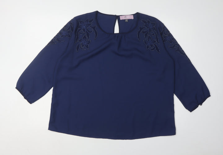 Elise Clemence Women's Blue Embroidered Blouse Size 16