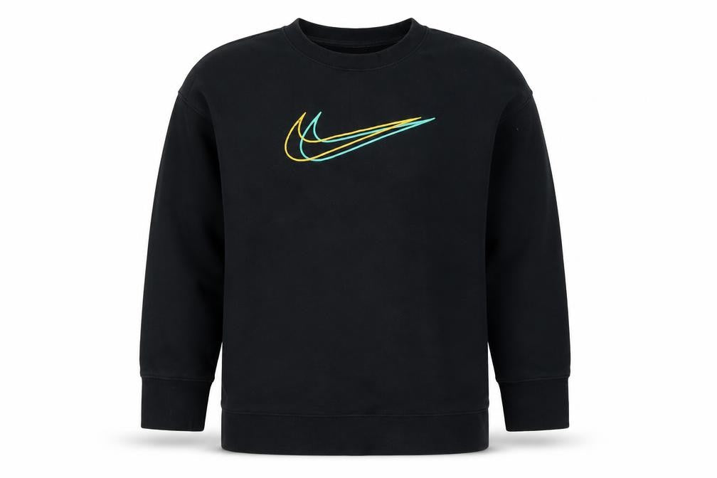 Front view of Nike boys’ black xs pullover sweatshirt, logo accent