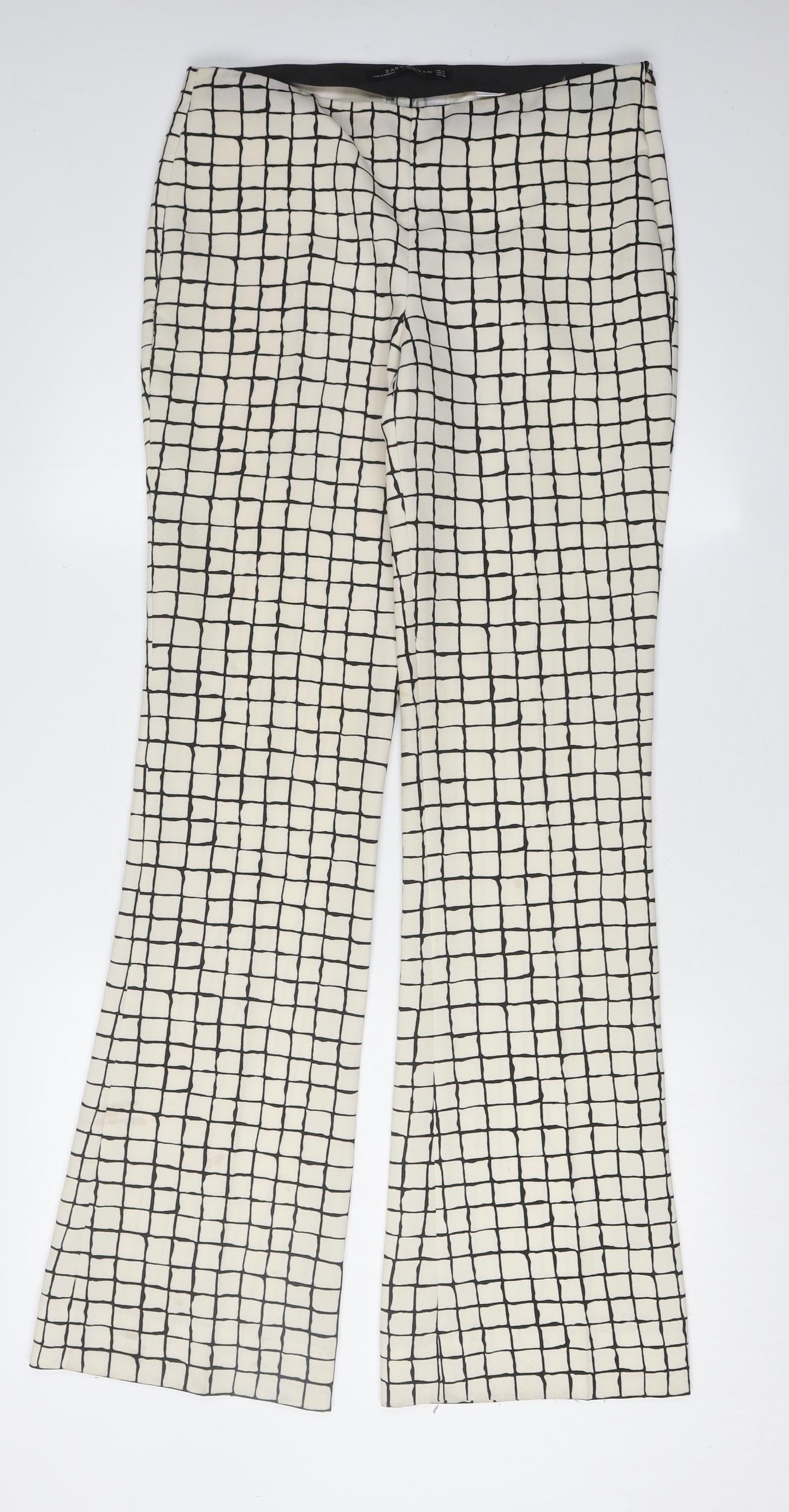 Zara Women's Ivory Check Flared Trousers, Size M