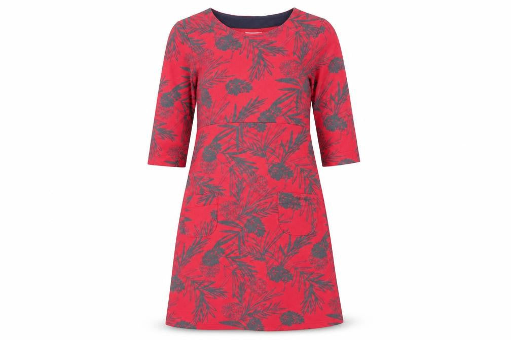 Front view of Weird Fish Women's Red Floral 3/4 Sleeve Dress