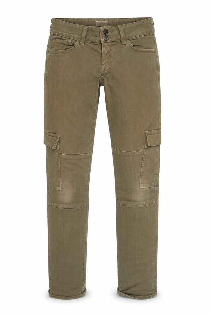 Front view of Hudson women’s green cargo jeans, size UK 27, slim fit