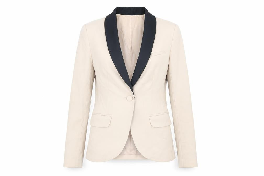 Front view of H&M Women's Beige Shawl Lapel Blazer, size 6