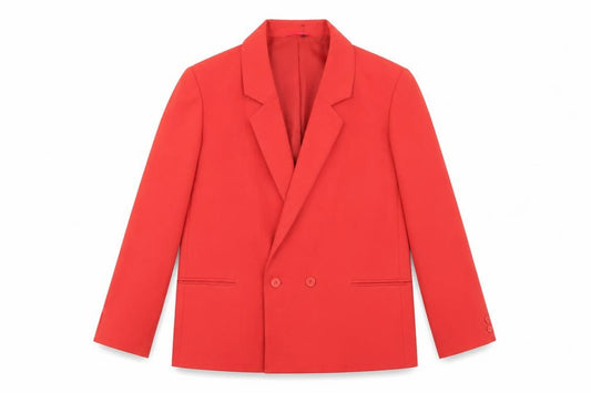 Front view of St Michael Red Women's Blazer, size 14, Double Breasted